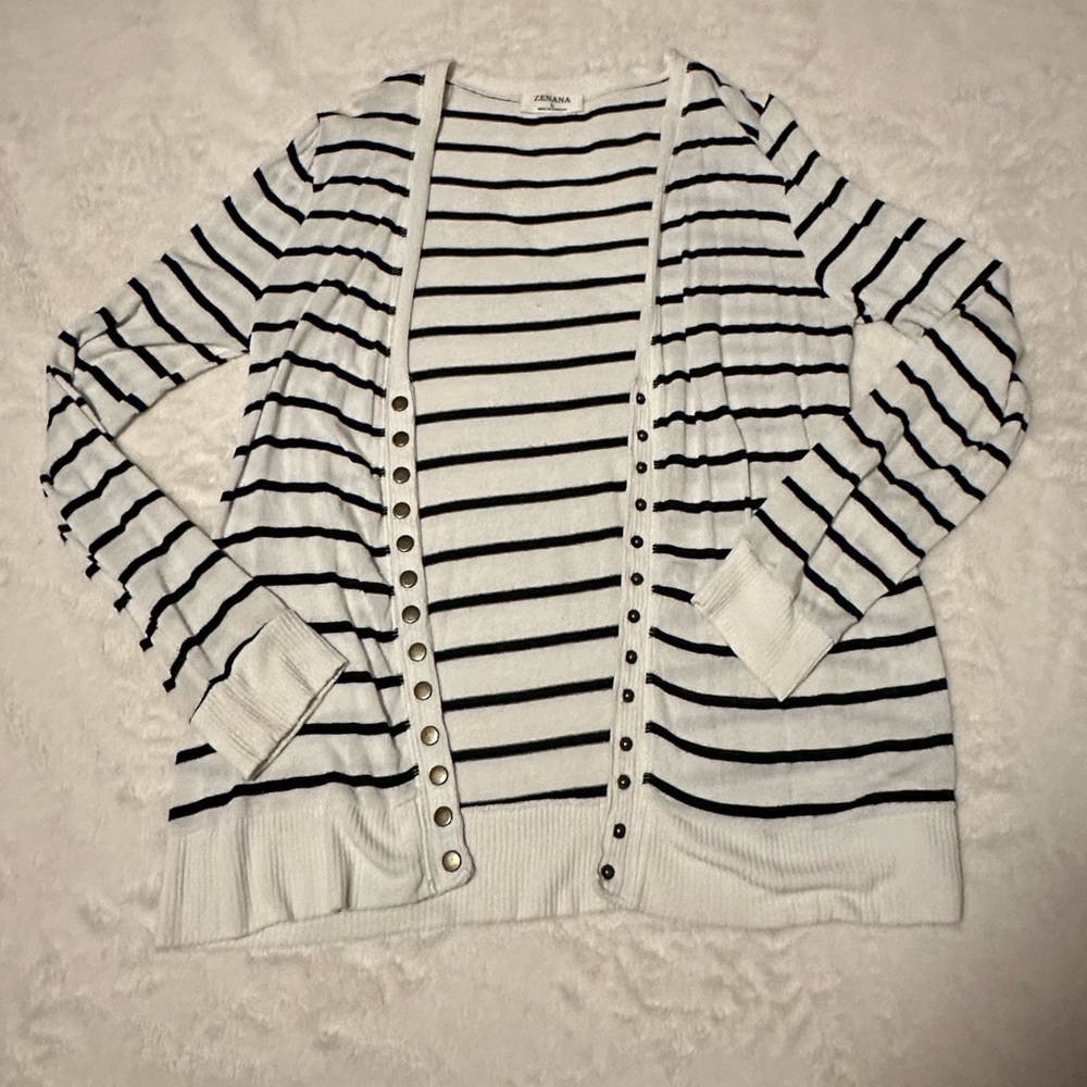 Zenana Outfitters Black and White Striped Cardigan